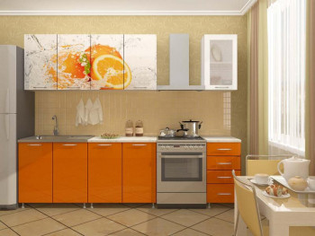 Кухонный гарнитур 1,6м Апельсин (Белый/Оранжевый металлик/Фотопечать апельсин) в Половинном - polovinnoe.mebel54.com | фото